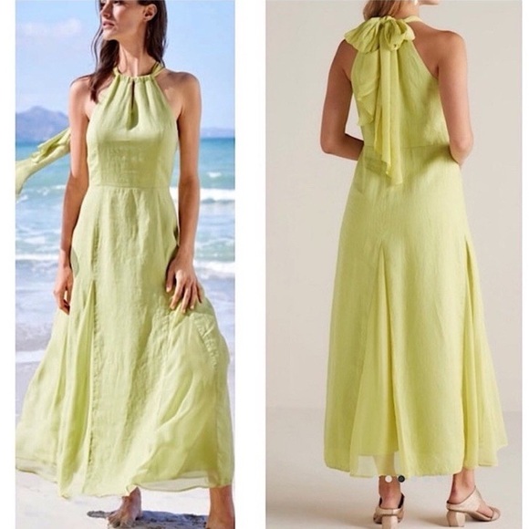 Soft Surroundings Soliloquy Linen Silk Maxi Dress Women's L Chartreuse Green - Picture 1 of 10